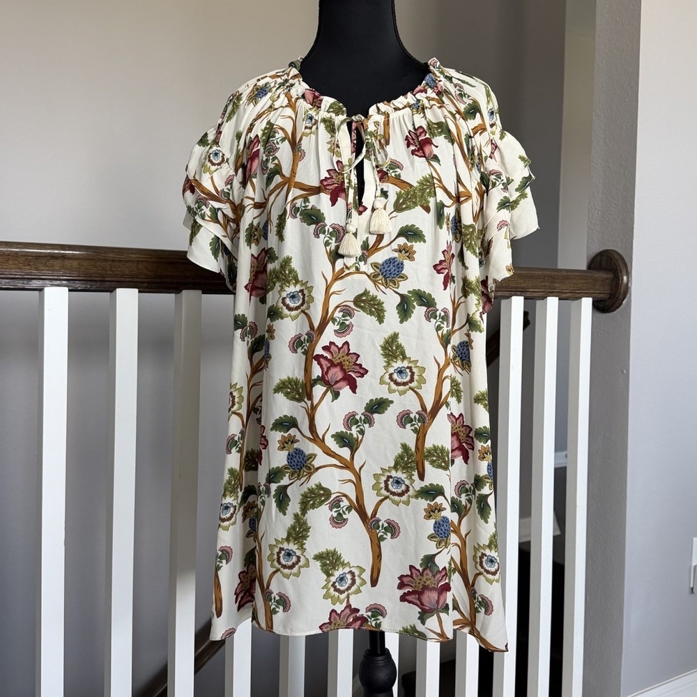 Rose & Olive NWT Floral Peasant Ruffle Sleeve Tie Neck Blouse 2X Boho Cottage